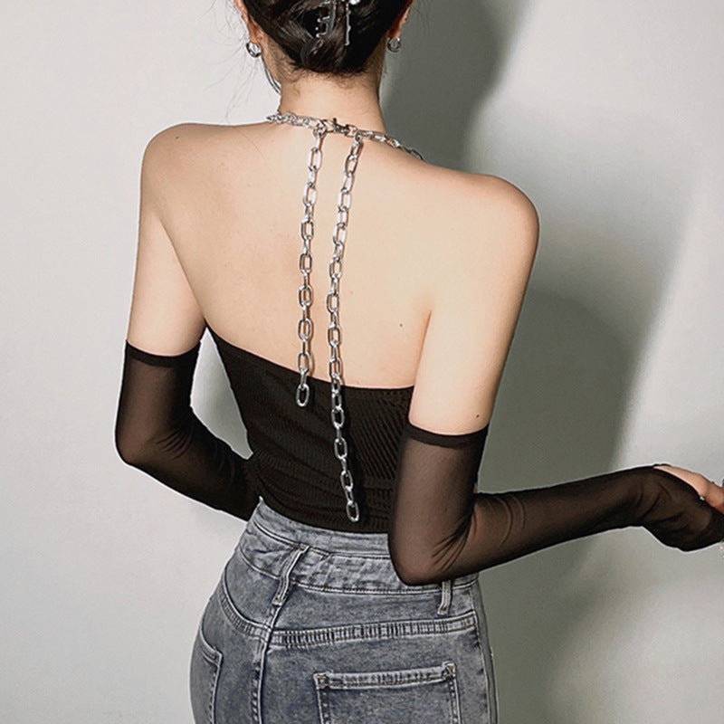 Tight Irregular Sleeves Personalized Chain Halter Neck Backless Vest