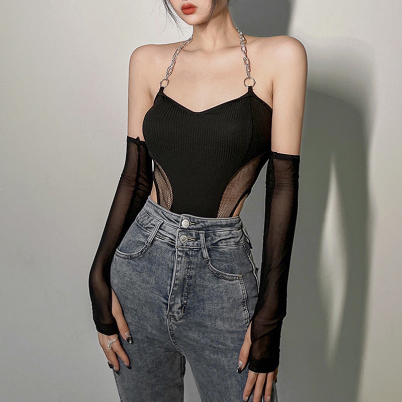 Tight Irregular Sleeves Personalized Chain Halter Neck Backless Vest