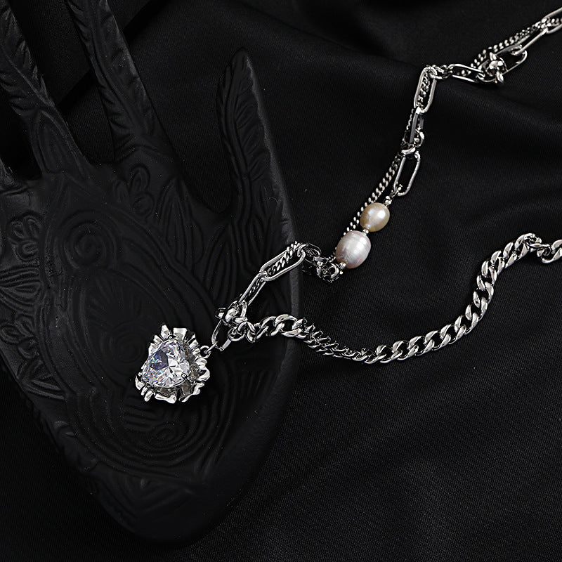 Pearl Stitching Heart Zircon Pendant Clavicle Chain