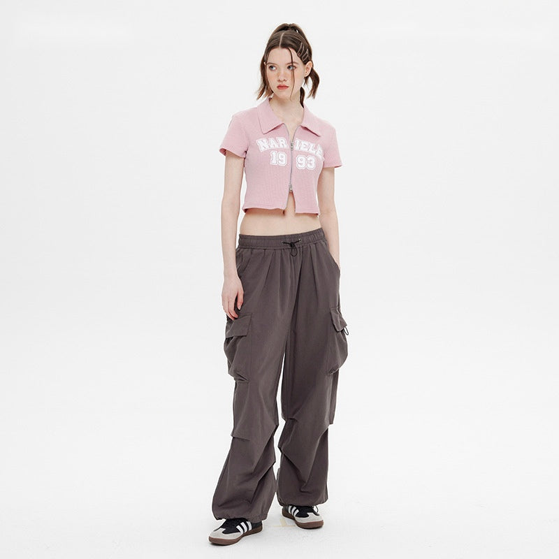 Waffle Pattern Double Zip Pull Letter Print T-Shirt